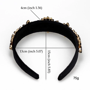 Detailed view of Baroque headband with black rhinestones and product dimensions
