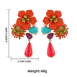 Detailed view of resin flower drop earrings with dimensions 8.8cm by 5.1cm weighing 48g