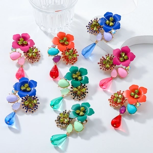 Vibrant resin flower beaded earrings with colorful crystals and teardrop charms