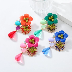 Colorful resin flower beaded earrings with rhinestones in a vintage dangle design