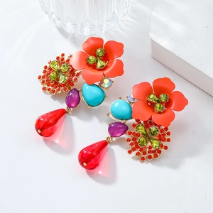 Bohemian floral drop earrings with colorful resin beads and rhinestones in gold setting