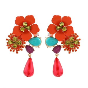 Bohemian floral dangle earrings with red resin flowers and colorful rhinestone accents