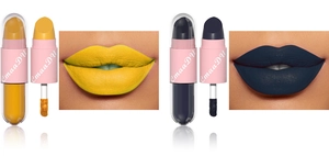 Duo matte vloeibare lippenstift in geel en donkerblauw met applicators voor een matte finish