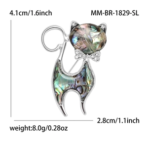 Silver cat brooch with natural abalone shell texture and inlaid rhinestones, 4.1cm high
