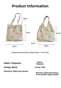 Dettaglio delle borse in chiffon floreale con misure e info sul tessuto poliestere