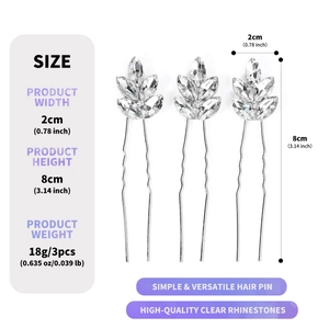 Elegant 3-piece silver U-shaped hair pins with leaf design and clear rhinestones