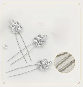 Detailed view of leaf rhinestone hair pins with wavy alloy spikes for stable styling