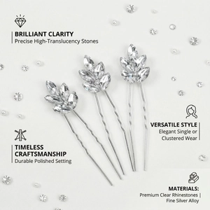 Elegant silver leaf hair pins set with rhinestones for bridal weddings and formal events