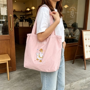 Cute Cartoon Duck Embroidery Nylon Shoulder Bag Drawstring Closure Large Capacity Fashionable Tote For Women