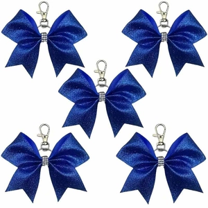 Five-piece set of shiny navy blue leather bow keychains with sparkling rhinestone accents