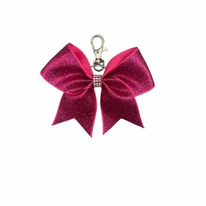 Sparkly pink leather bow keychain with crystal rhinestones and silver lobster clasp