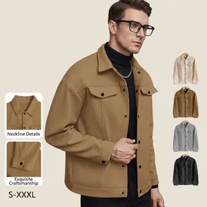 Men Casual Woolen Look Jacket Lapel Single Breasted Loose Shacket Outerwear With Pockets Solid Color Urban Fashion