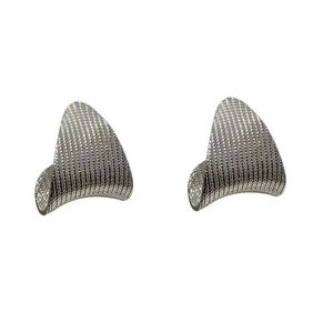 Modern silver triangular earrings with unique textured finish and curved geometric design