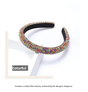 Detailed view of multicolor rhinestones on a thick velvet headband for women