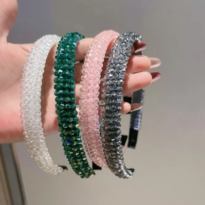 Handmade four-row crystal headband set in white, green, pink, and grey for women