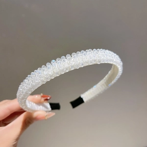 Detailed view of four-row crystal headband with clear beads and black protective tips