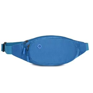 Close-up of bright blue sports waist bag featuring diamond pattern texture and zip pockets