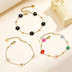 Stainless Steel Flower Bracelet Faux Artificial Pearl Faceted Beads Adjustable Chain Sweet INS Style Floral Jewelry For Women