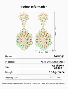 Detail view of large cluster flower earrings with rainbow crystals and rhinestones