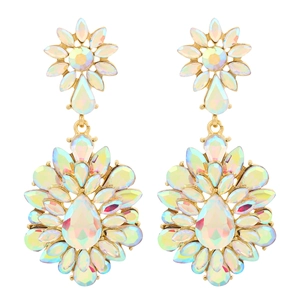 Elegant gold-tone chandelier earrings with iridescent AB crystals in a floral design