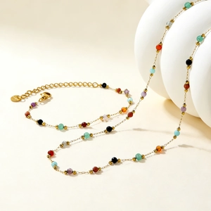 Collier Perles De Pierre Colorées Plaqué Or 18K Acier Inoxydable Style Ins Doux Chaîne De Clavicule Pour Femmes