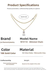 Detailed specs for 925 silver 18K gold plated double layer necklace with moissanite
