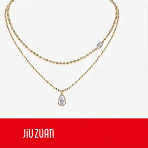 Double Layered 925 Sterling Silver Moissanite Pendant Necklace 18K Gold Plated Beaded Chain For Women Jewelry Gift