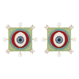 Détails de boucles d'oreilles vintage œil protecteur avec perles et émail vert
