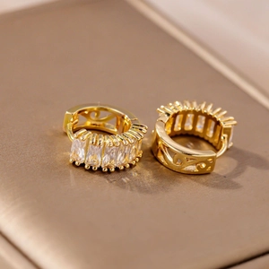 Chic gold hoop earrings with rectangular zircon inlays and hollow geometric details