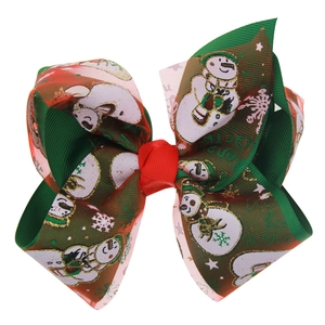 Christmas bow hair clip for girls with green ribbon, snowman mesh and golden greeting