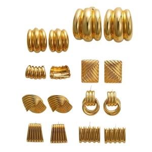 Retro 18K gold-plated earring collection with vintage textured fan and striped patterns