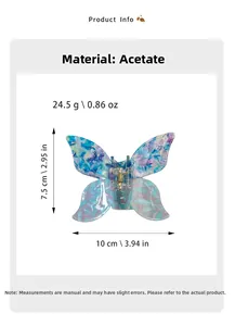 Detail view of colorful acetate butterfly hair claw with measurements 10cm x 7.5cm and 24.5g weight