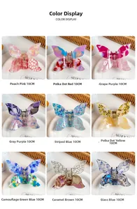 Detail display of 10cm butterfly hair claws in nine colors with acetate finish