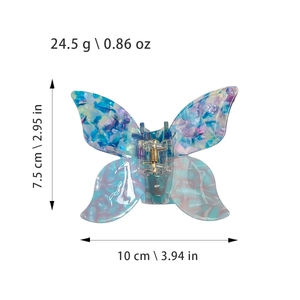 3D butterfly hair claw clip with colorful marble acetate texture and gold spring