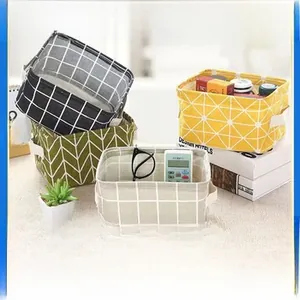Waterproof linen fabric desktop storage basket with handles in various patterns