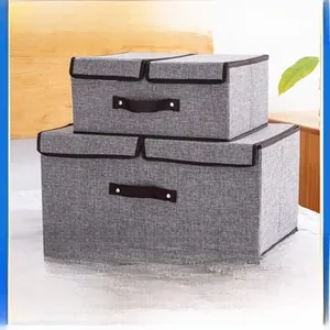 Linen storage box set with double lid design and black handles for home organization