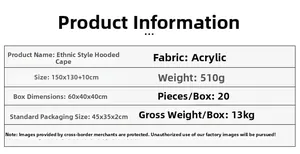 Ethnic style hooded acrylic poncho shawl product specifications 150x130cm weight 510g
