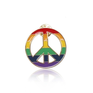Rainbow peace symbol enamel pin with vibrant six-color stripe design and silver metal base