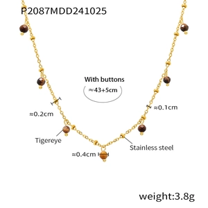 Detail of tiger eye bead and stainless steel gold chain with size specifications