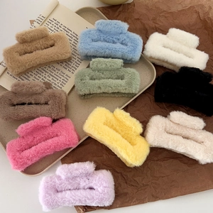 Set of ten colorful plush square hair claws in assorted soft faux fur finishes