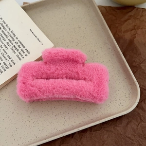 Plush rose pink square claw clip for women with soft faux fur texture for hair styling