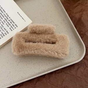 Elegant camel faux fur square hair claw clip for women's autumn winter thick hair styling