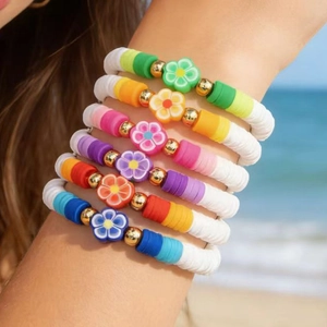 Bohemian Polymer Clay Flower Beaded Bracelets Set For Women Multicolor Stretch Heishi Bracelet Beach Vacation Jewelry Decoration