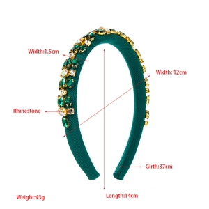 Detail showing dark green knit headband with green and white rhinestone accents and dimensions