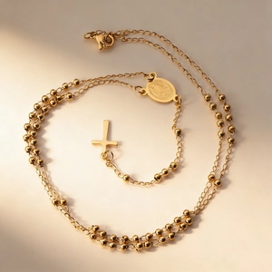 Collier chapelet en acier inoxydable doré avec croix et médaille