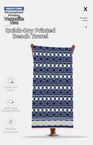 Detail of fast-dry beach towel with navy blue and white geometric kaleidoscope pattern