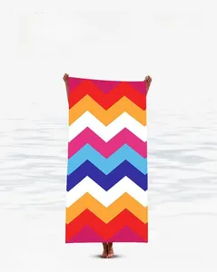Detail view of large rectangular beach towel with colorful geometric zigzag patterns
