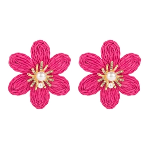 Boucles d'oreilles fleurs en raphia fuchsia avec perles et cristaux de style bohème