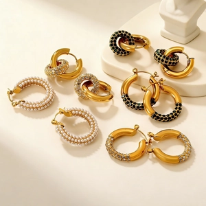 Hoop Earrings Stainless Steel Gold Plated Emerald Green White Zircon Faux Artificial Pearl Geometric Double Layer Retro For Women