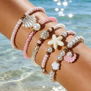 Bracelets En Künstliche Perles Avec Pendentifs Coquillage Étoile De Mer Imitation Künstliche Perle Künstliche Perles En Verre Bijoux Extensibles Pour Plage